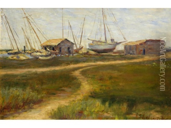 The Boat Yard, Thought To Be The Oakland Estuary Oil Painting - Frances Slater Gelwicks