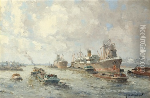 Activity In The Harbour Of Rotterdam Oil Painting - Gerard Delfgaauw