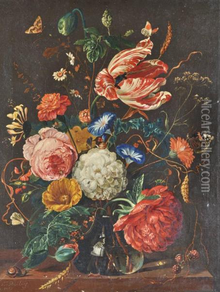 Dutch Style Still Life Flower Study Oil Painting - J.V. Bailey