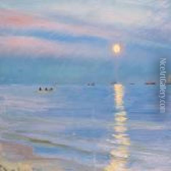 Evening At Skagen Beach, The Moon Is Rising Oil Painting - Peder Severin Kroyer