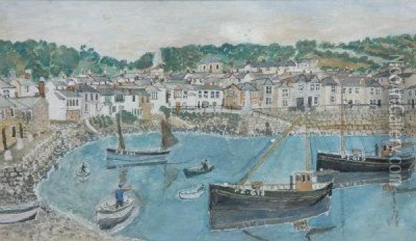 Mousehole Harbour. Oil Painting - George William Joy
