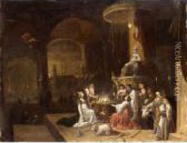 A Sacrifice In A Pagan Temple Oil Painting - Rombout Van Troyen