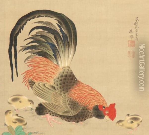 Rooster, Hen With Chicks Oil Painting - Okyo Maruyama