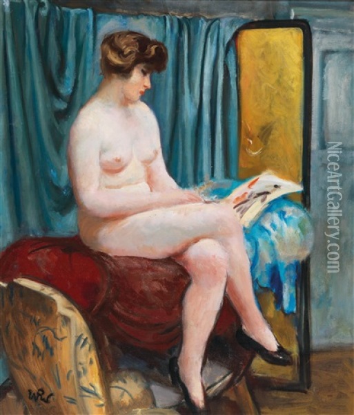 Female Nude Reading By A Blue Curtain Oil Painting - Wojciech Weiss