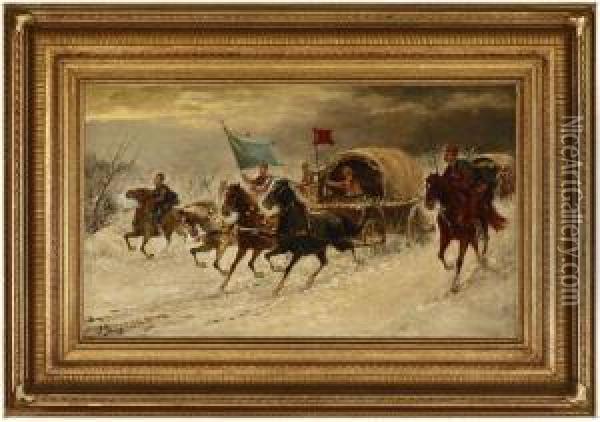 Cossacks Withwagons In The Snow Oil Painting - Adolf Baumgartner