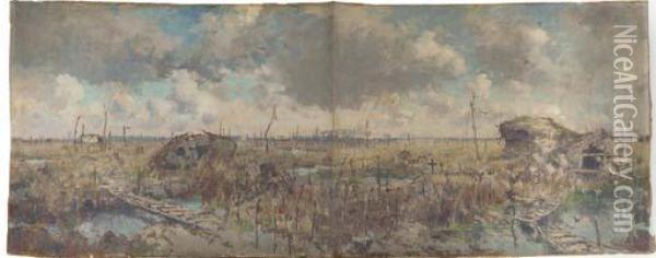 Battlefield With Tank Oil Painting - Leon Huygens