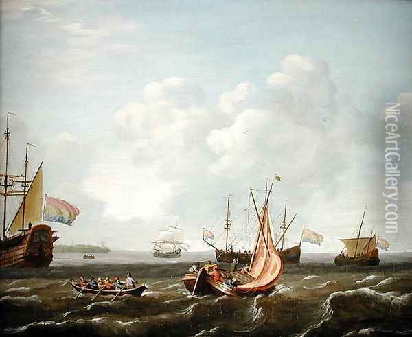 A Sailing Boat, A River Boat and a Dutch Three-Master off the Coast Oil Painting - Adam Silo