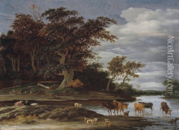 A Wooded River Landscape With Herdsmen, Cattle And Sheep Oil Painting - Jacob Salomonsz van Ruysdael