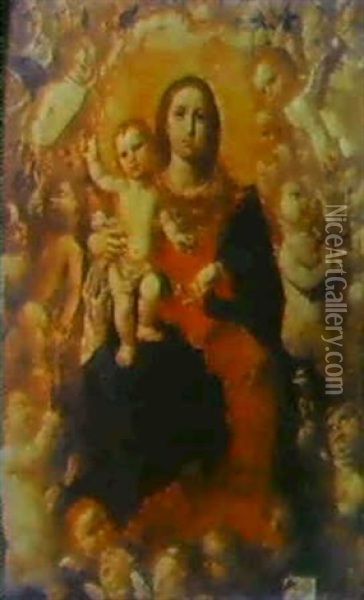 Madonna Mit Kind Und Engeln Oil Painting - Jeronimo Jacinto Espinosa