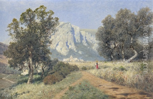 Wandernde Frau In Tracht, In Oberitalienischer Gebirgslandschaft, Ein Dorf Im Hintergrund Oil Painting - Ascan Lutteroth