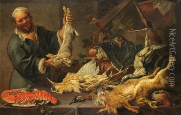 A Cook Holding A Hare And Standing Beside A Draped Table Laden With Dead Hares, A Lobster On A Platter Oil Painting - Frans Snyders