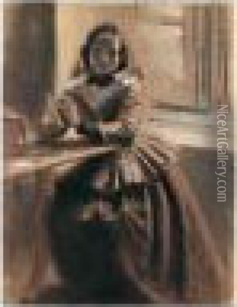 Emilie, Die Schwester Menzels (emilie, The Artist's Sister) Oil Painting - Adolph von Menzel