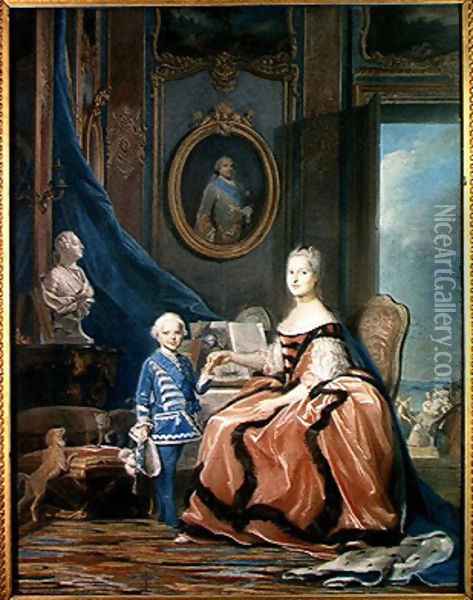 Portrait of Marie-Josephe de Saxe 1731-67 Dauphine of France and her son Louis Joseph Xavier de France 1751-61 Duke of Burgundy, c.1760-61 Oil Painting - Maurice Quentin de La Tour