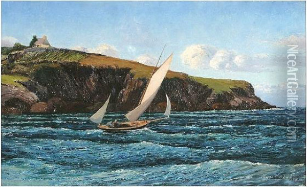 Sailing Yacht Off The Coast, Thought To Be Anglesey Oil Painting - Warren Williams