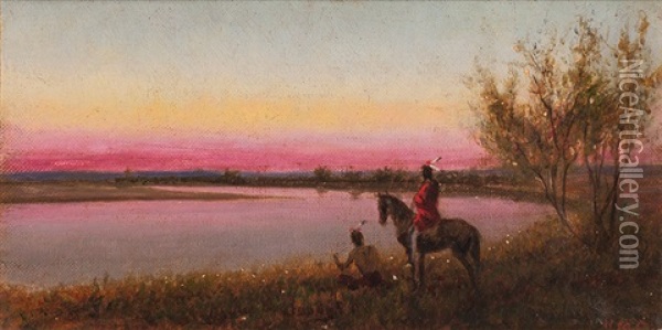 Indian At Sunset Oil Painting - William Cary Brazington