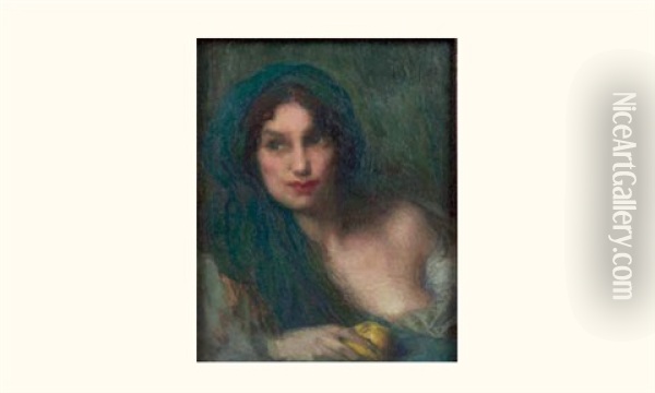 Femme Au Foulard Bleu Et Au Citron Oil Painting - Edmond Francois Aman-Jean