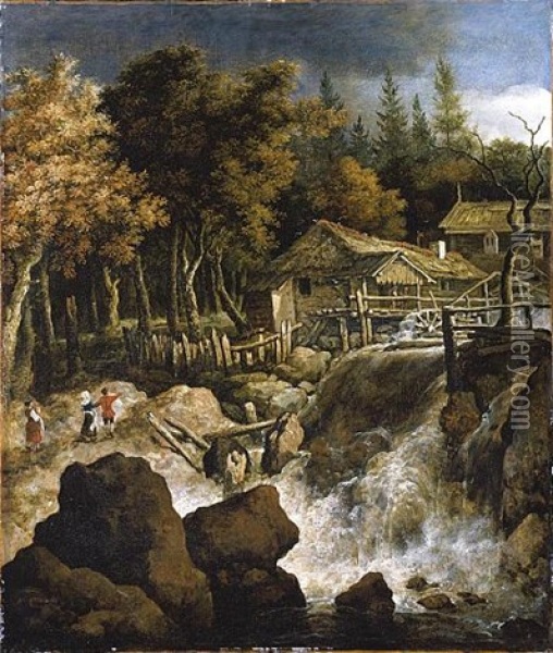A Scandinavian Wooded Landscape With A Watermill, Three Figures Beside A Waterfall In The Foreground Oil Painting - Allaert van Everdingen