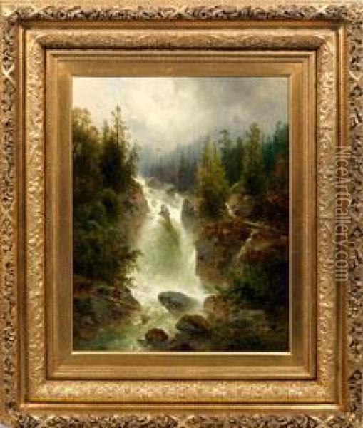 Reisender Gebirgsbach Mit Wasserfall In Den Alpen Oil Painting - Josef Thoma