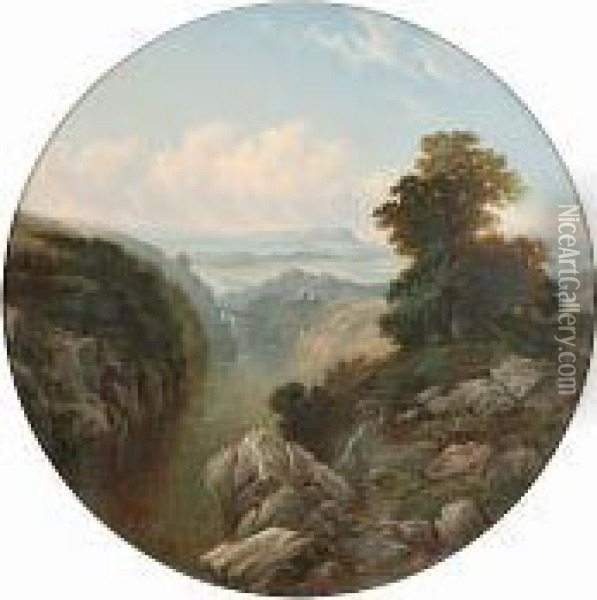 A Mountainous River Landscape, Together With Another Similar, A Pair, Circular Oil Painting - Daniel H. Winder