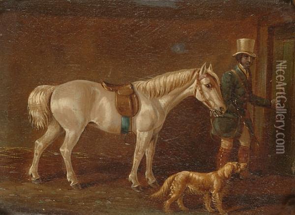 A Huntsman With A Grey Pony And His Gundog; A Saddled Pony And A Gundog Oil Painting - Henry S. Cottrell