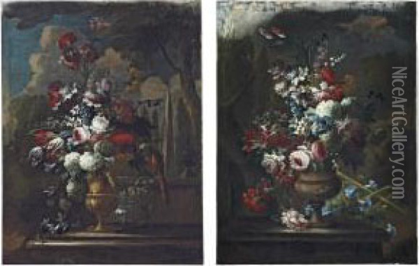 Roses, Tulips, Chrysanthemums And Other Flowers In A Sculpted Copper Urn Oil Painting - Guillermo Mesquida