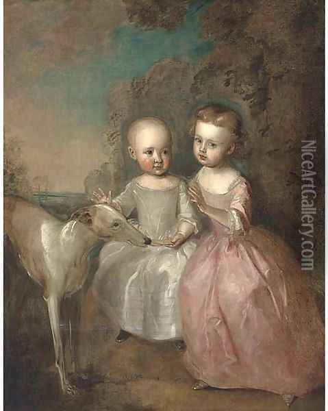 Double portrait of a boy and a girl in a landscape, full-length, with a greyhound, he in an oyster satin dress, she in a pink dress Oil Painting - Philipe Mercier