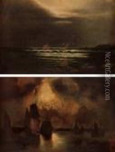 Moonlit Harbour Scene And Moonlit Seascape Oil Painting - Wilfred Jenkins