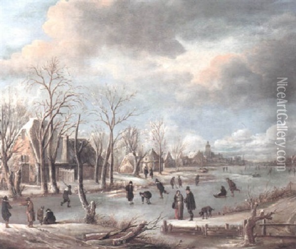 Winter Landscape With Figures Skating On A Frozen River Oil Painting - Aert van der Neer