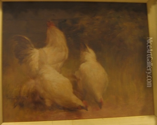 Three Chickens Feeding Oil Painting - Paul Harney Jr.