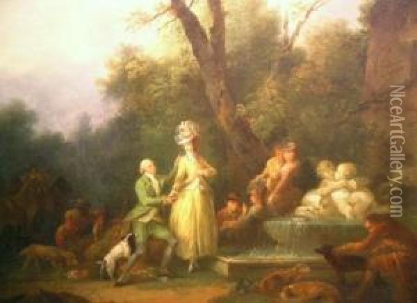 Inscribed As Titled On The Fountain Oil Painting - Jean-Frederic Schall
