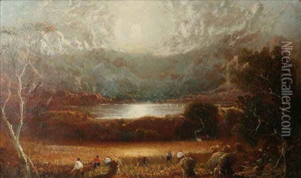 Harvesting Before A Lake With Mountains Beyond Oil Painting - John Linnell