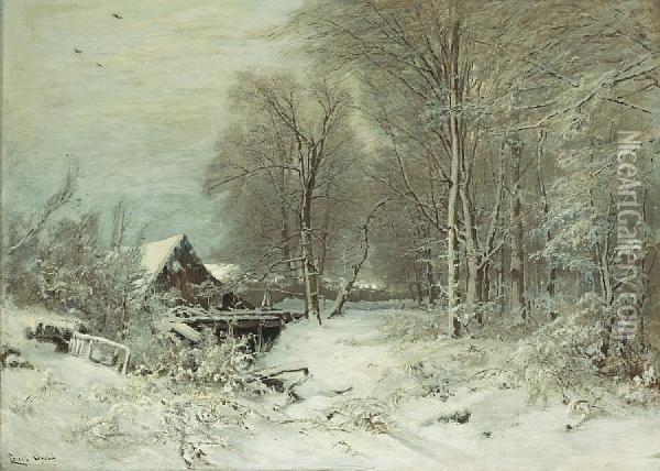 A Cottage In A Snowy Landscape Oil Painting - Louis Apol