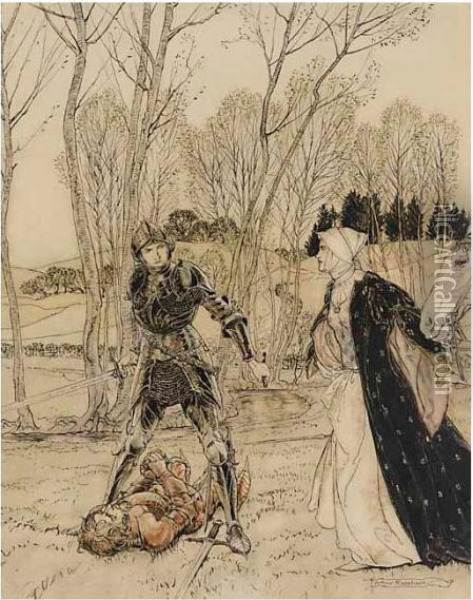 How Beaumains Defeated The Red 
Knight, And Always The Damosel Spake Many Foul Words Unto Him Oil Painting - Arthur Rackham