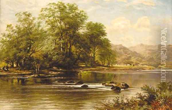 Figures in a sunlit river landscape with mountains beyond Oil Painting - Benjamin Williams Leader