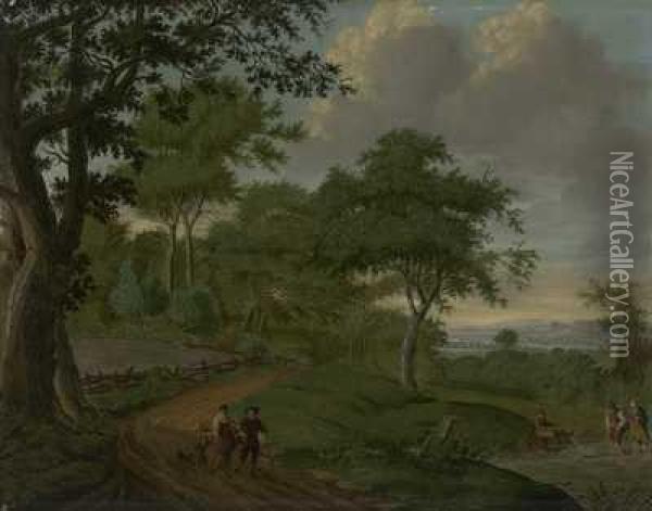Weitlaufige Sommerlandschaft Mit Wanderern Am Teichufer Oil Painting - Pieter Loen