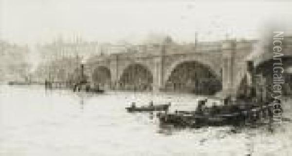 Old Waterloo Bridge From The South Bank Oil Painting - William Lionel Wyllie