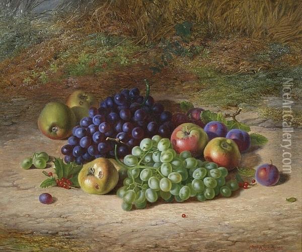 Still Life Of Grapes, Apples And Plums On A Mossy Bank Oil Painting - Charles Archer