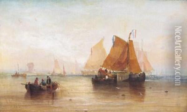 Dutch Boats In A Calm, River Dordrecht Oil Painting - William Calcott Knell