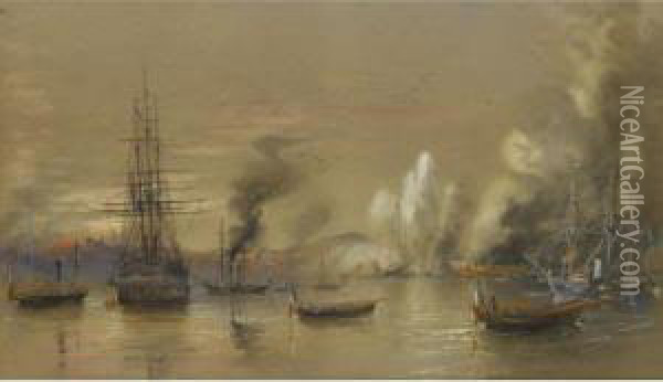 A Naval Engagement Oil Painting - Sir Oswald Walter Brierly