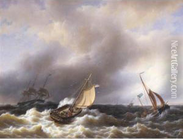 Sailing Vessels In Rough Seas Oil Painting - Petrus Jan Schotel