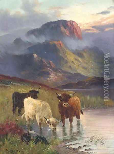 Cattle watering, sunset; and Cattle grazing Oil Painting - William Langley