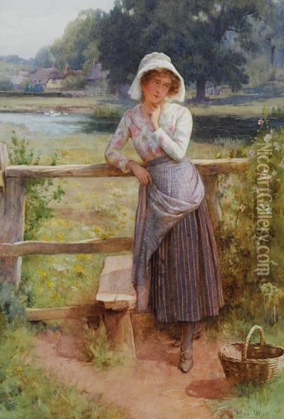 Girl By A Stile, Before A Pond And Thatched Cottages Oil Painting - William Affleck