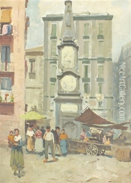 Italian Street Scene With Market Stalls Oil Painting - Lazzaro Pascini