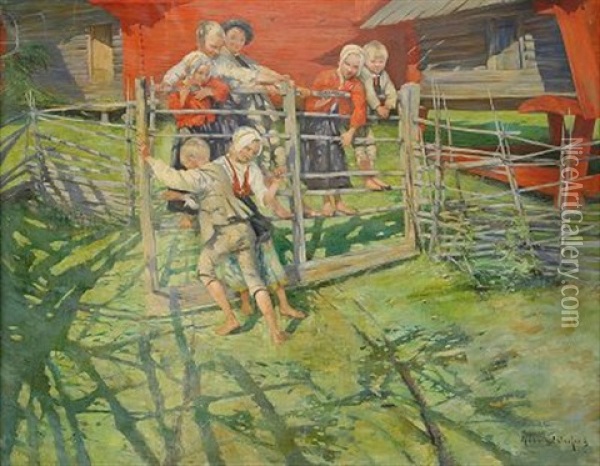 Lekande Barn - Sommar Pa Fabodvallen Oil Painting - Allan Erik August Oesterlind