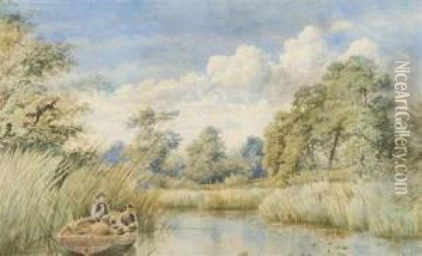 Fishermen On The Broads Oil Painting - Charles Harmony Harrison