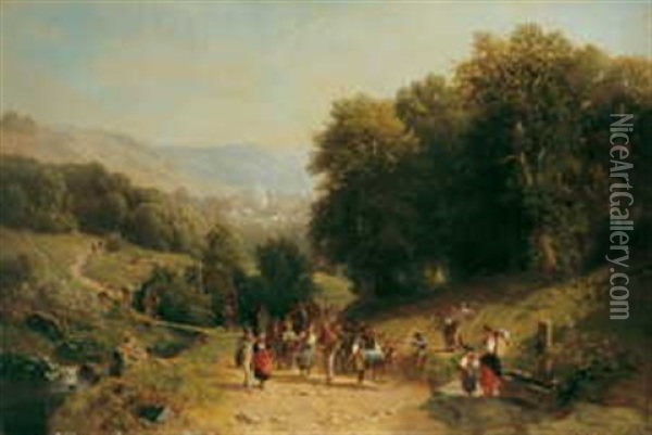 Mittelgebirgslandschaft Mit Bauerlichem Festzug Oil Painting - Jacobus Nicolaas (Baron Tjarda van) Starckenborgh