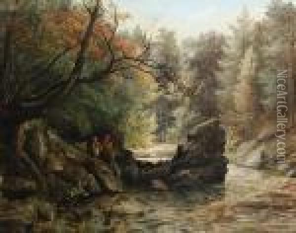 Couple Fishing By A Woodland Pool Oil Painting - Thomas Creswick