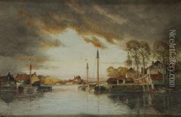Dutch Estuary With Fishing Boats Oil Painting - Hermanus Jr. Koekkoek