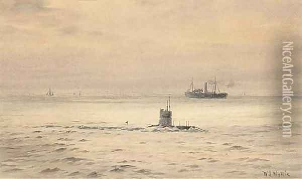 The submarine H.M.S. P48 on patrol Oil Painting - William Lionel Wyllie