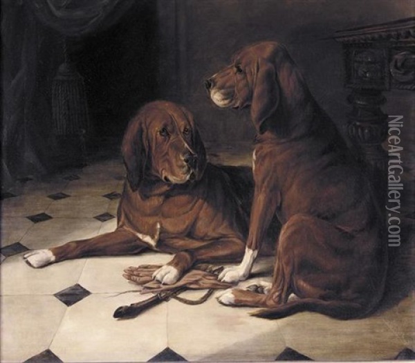 Two Hounds In A Great Hall Oil Painting - William Luker Sr.